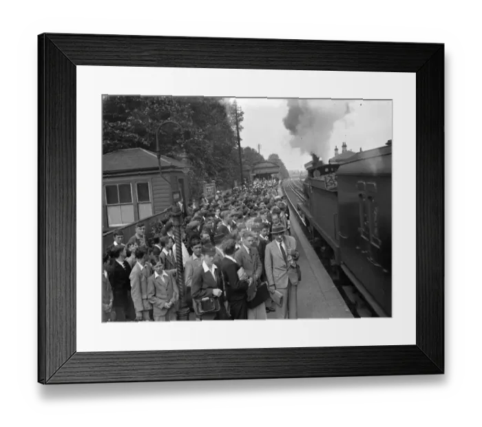 Framed Print : The crowded platform at Sidcup railway station, full of schoolboys waiting to get Framed Print : The crowded platform at Sidcup railway station, full of schoolboys waiting to get