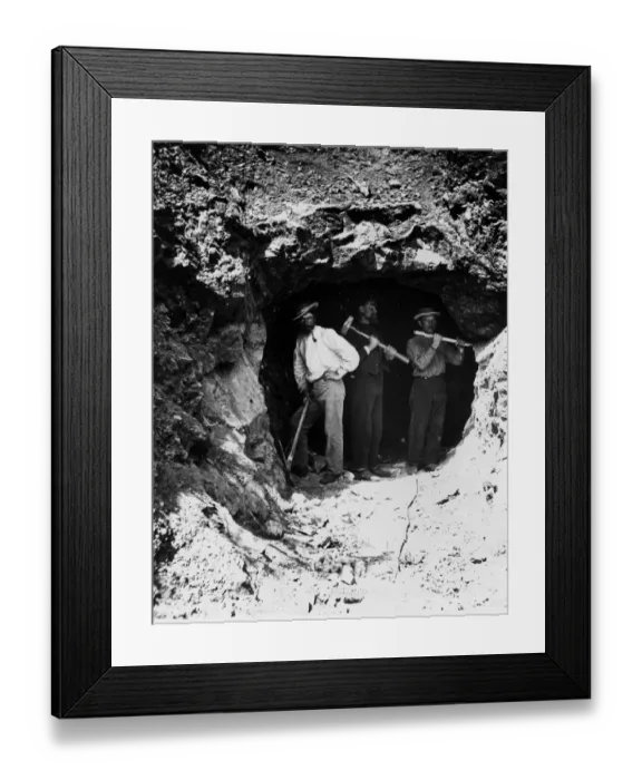 Framed Print : Three men standing in a tunnel, these men have just begun to bore one of three tunnels Framed Print : Three men standing in a tunnel, these men have just begun to bore one of three tunnels