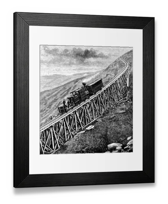 Framed Print : View of a train on the perilous railway track on Mount Washington. 19th century Framed Print : View of a train on the perilous railway track on Mount Washington. 19th century