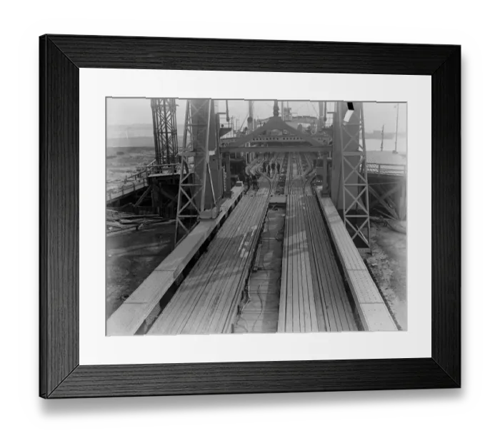 Framed Print : An overview of the Richborough Train Ferry on the east coast of Kent showing the ramp between boat