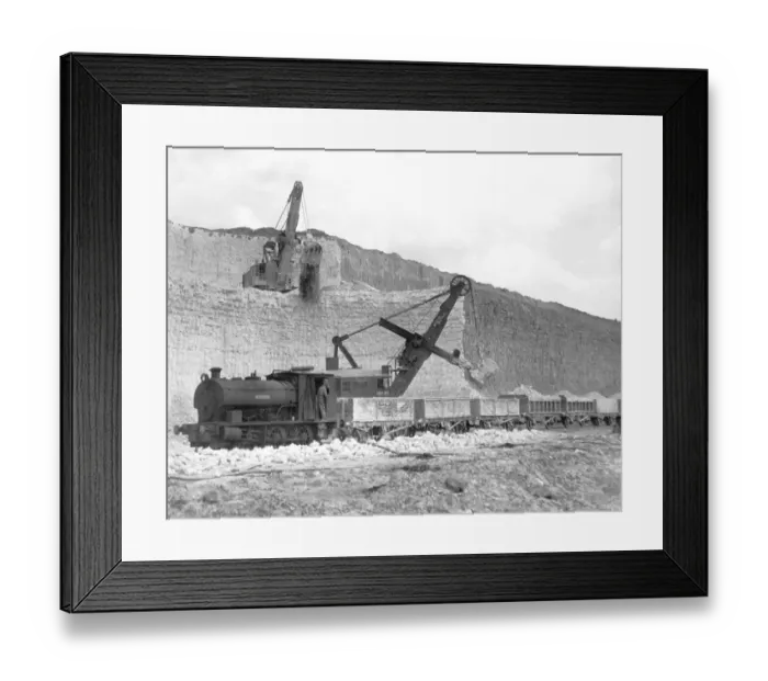 Framed Print : Mechanical excavators loading chalk directly onto railway trucks for the short run