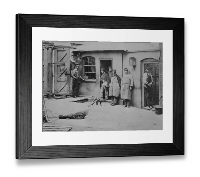Framed Print : Brewery workers take a break from work for a portrait at the Thames Bank Distillery Framed Print : Brewery workers take a break from work for a portrait at the Thames Bank Distillery