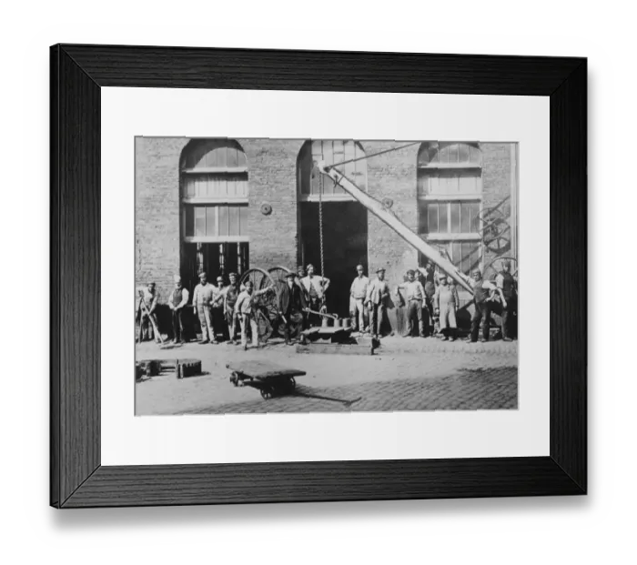 Framed Print : Brewery workers take a break from work for a portrait at the Thames Bank Distillery Framed Print : Brewery workers take a break from work for a portrait at the Thames Bank Distillery