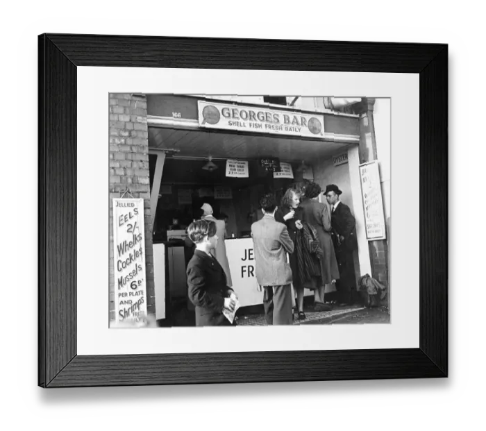 Framed Print : Georges Bar Shell Fish Fresh Daily A queue of people wait to be served but a woman Framed Print : Georges Bar Shell Fish Fresh Daily A queue of people wait to be served but a woman