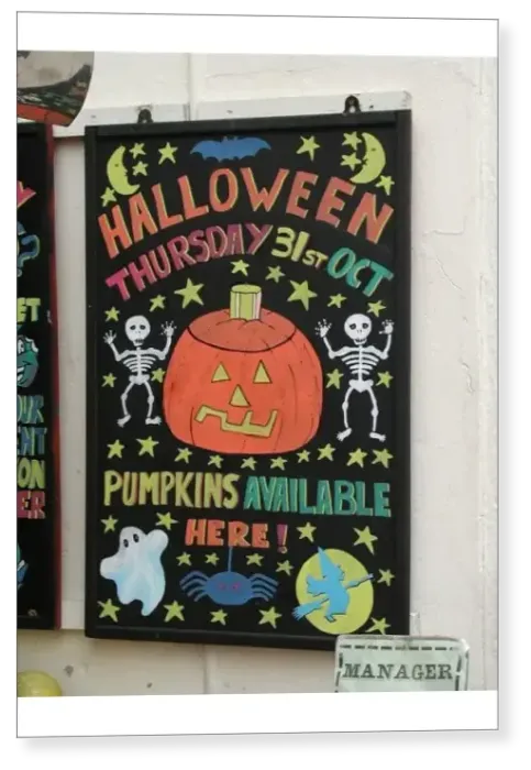 Print : Colourful blackboard with artistic Hallowe en advertisement for pumpkins, Deal, Kent Print : Colourful blackboard with artistic Hallowe en advertisement for pumpkins, Deal, Kent