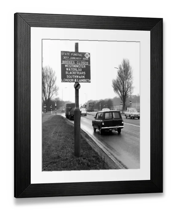 Framed Print : An RAC sign warning of bridge closures on the day of the State Funeral of Sir Winston Framed Print : An RAC sign warning of bridge closures on the day of the State Funeral of Sir Winston