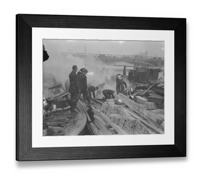 Framed Print : Timber barge on fire at Vauxhall, London