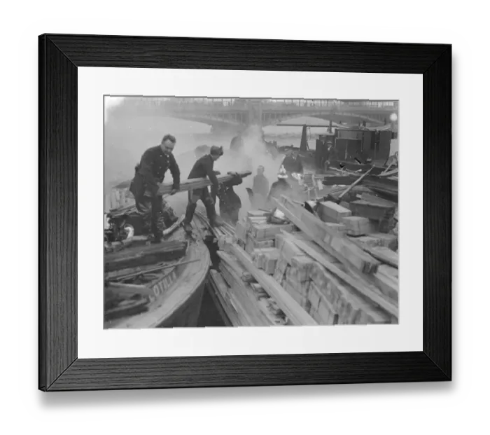 Framed Print : Timber barge on fire at Vauxhall, London Framed Print : Timber barge on fire at Vauxhall, London