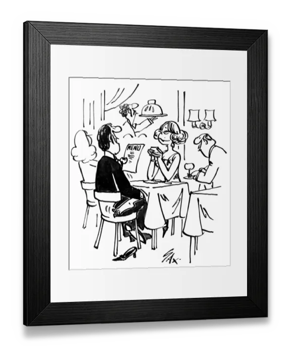Framed Print : Cartoon by Sax couple in restaurant Usually paying little or no attention to political correctness