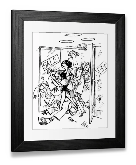 Framed Print : Cartoon by Sax - shopaholic Barging through to be first in the Sales Usually paying Framed Print : Cartoon by Sax - shopaholic Barging through to be first in the Sales Usually paying