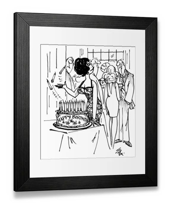 Framed Print : Birthday card for a woman, throwing out a few candles to reduce her age! Cartoon Framed Print : Birthday card for a woman, throwing out a few candles to reduce her age! Cartoon