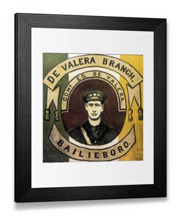 Framed Print : Portrait of Eamonn de Valera (born New York 1882) on an Irish Volunteers banner Framed Print : Portrait of Eamonn de Valera (born New York 1882) on an Irish Volunteers banner