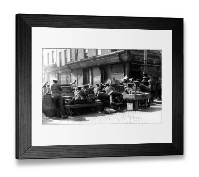 Framed Print : British troops hold a barrier in a Dublin Street during the week long Irish Rebellion of 1916 Framed Print : British troops hold a barrier in a Dublin Street during the week long Irish Rebellion of 1916