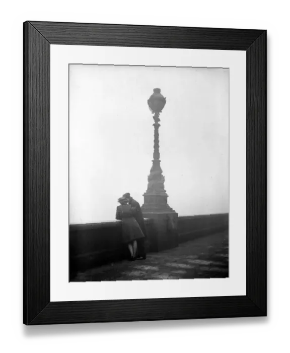 Framed Print : Couple arm in arm leaning over bridge in London in fog 1940s love couple romance Framed Print : Couple arm in arm leaning over bridge in London in fog 1940s love couple romance