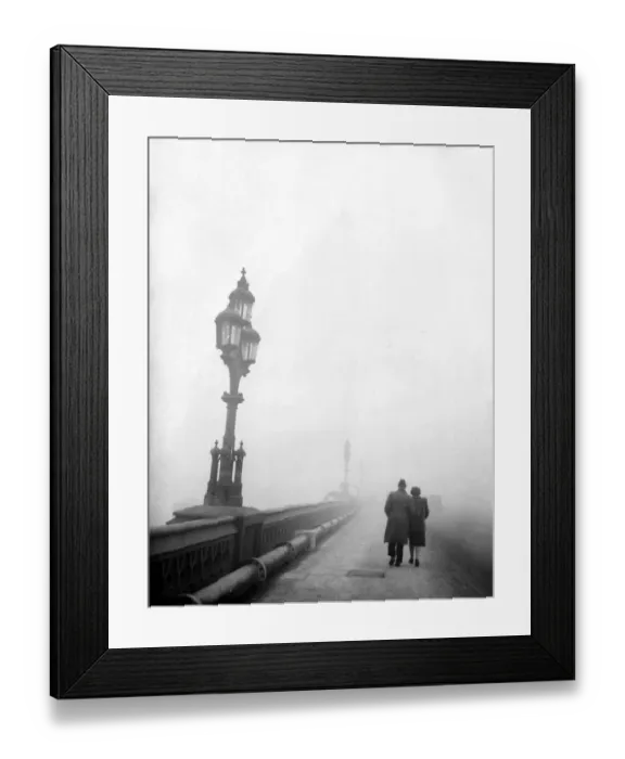Framed Print : Couple walking across a bridge in London in fog 1950s love couple romance romantic Framed Print : Couple walking across a bridge in London in fog 1950s love couple romance romantic