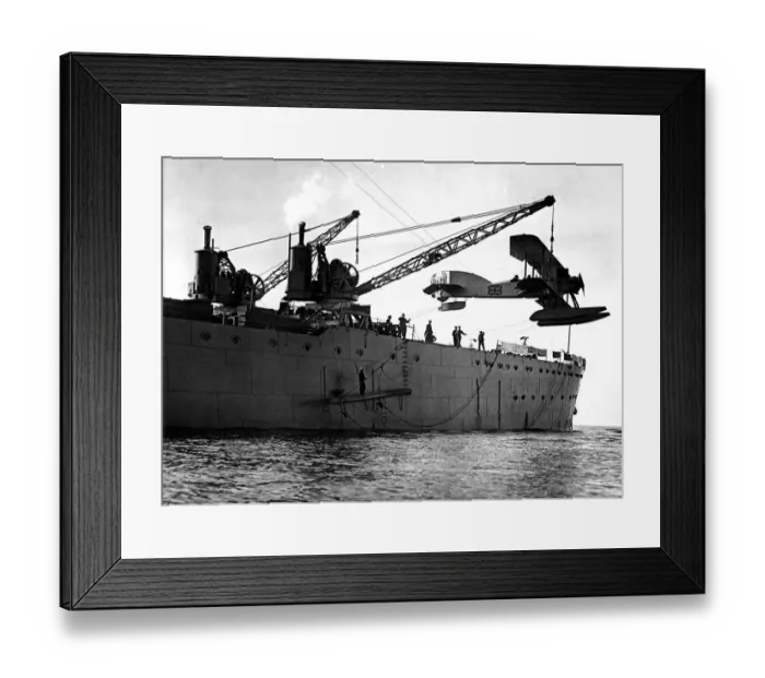 Framed Print : Hoisting out a seaplane from British seaplane carrier HMS Ark Royal, Mudros