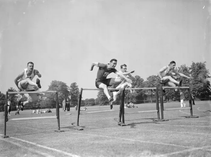 Framed Print : The 120 yard hurdle race at the Kent aA championship. 1939 Framed Print : The 120 yard hurdle race at the Kent aA championship. 1939