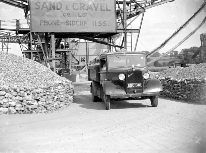 Framed Print : 3 ton Bedford truck leaving the Sand & Gravel Co Ltd, gray gravel pit in Sidcup, Kent Framed Print : 3 ton Bedford truck leaving the Sand & Gravel Co Ltd, gray gravel pit in Sidcup, Kent