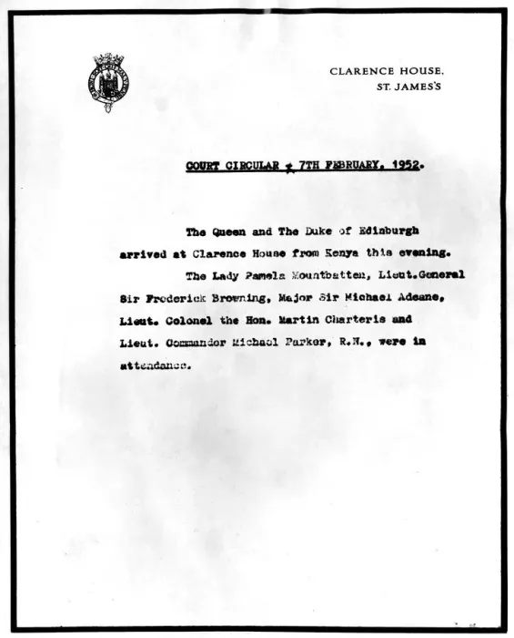 Framed Print : 7 February 1952 The first Court Circular from Clarence House, St. James mentioning Framed Print : 7 February 1952 The first Court Circular from Clarence House, St. James mentioning