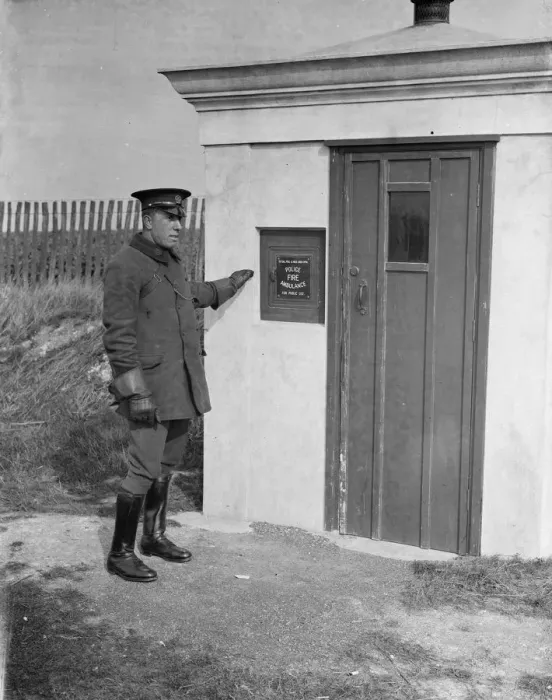 Framed Print : An A A Patrolman in uniform. Mr Vince at Gravesend, Kent. 1938