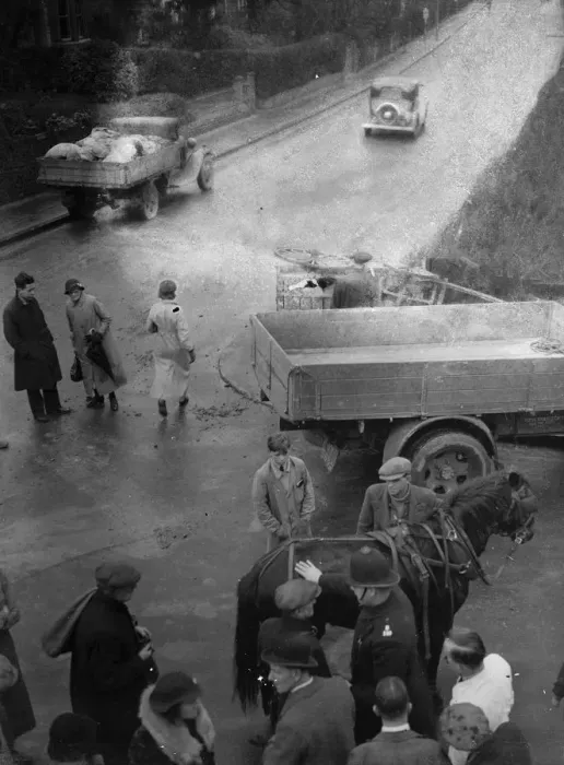 Framed Print : Accident, horse cart and lorry. 1935