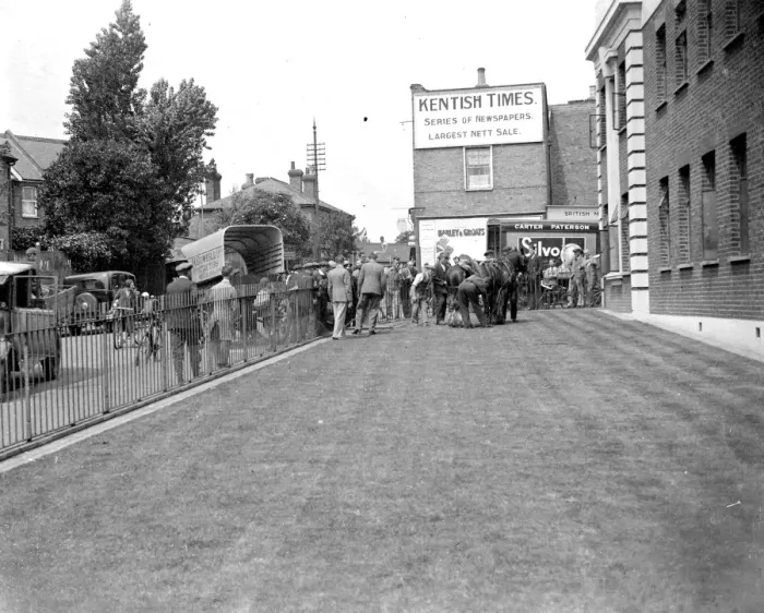 Framed Print : An accident outside the Kentish Times Office. 1934 Framed Print : An accident outside the Kentish Times Office. 1934