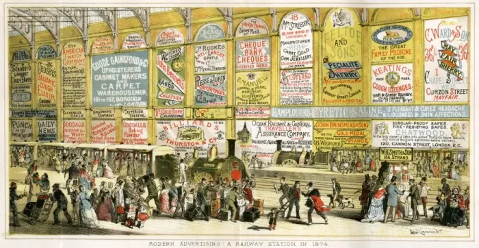 Framed Print : Advertising in a railway station 1874. Illustration by Alfred Concanen Framed Print : Advertising in a railway station 1874. Illustration by Alfred Concanen