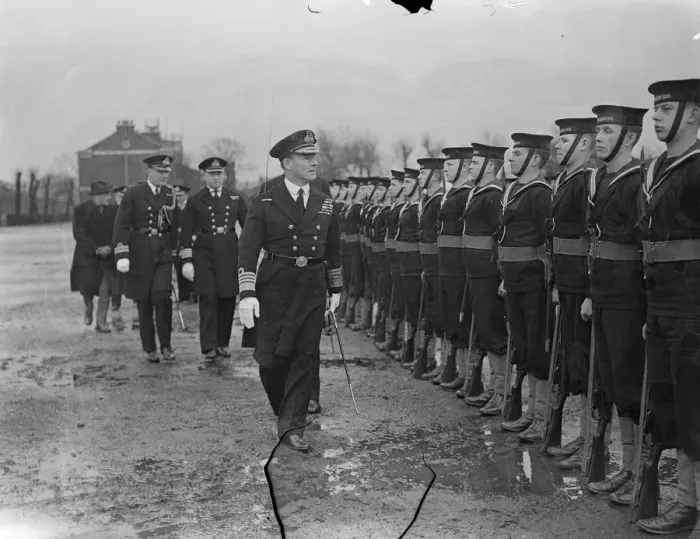 Framed Print : Admiral Evan inspects Navy training school commanded by man who rose from ranks to commision