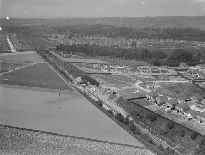 Framed Print : An aerial view of Albany Park train station in Kent. 1939 Framed Print : An aerial view of Albany Park train station in Kent. 1939