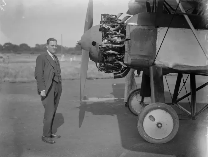 Framed Print : Air Race round Britain Flight Lieutenant H W G Jones standing in front of his machine Framed Print : Air Race round Britain Flight Lieutenant H W G Jones standing in front of his machine
