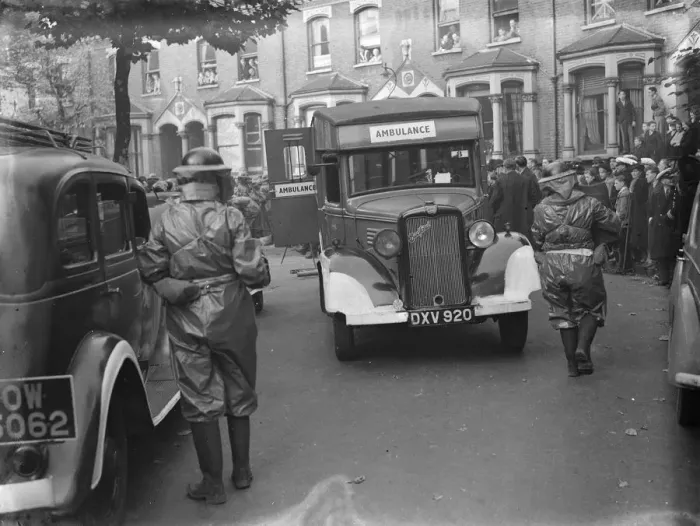 Framed Print : Air Raid Precaution exercise on Old Kent Road in London. A Bedford ambulance taking Framed Print : Air Raid Precaution exercise on Old Kent Road in London. A Bedford ambulance taking