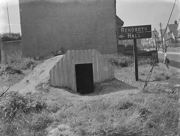 An air raid shelter and sign in Gravesend, Kent. 1938