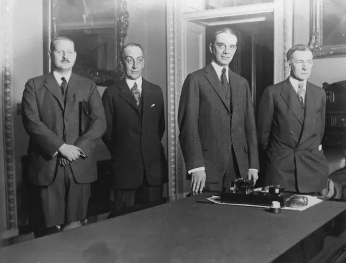 Framed Print : The American Reparation representatives photographed. Left to right; Mr Stuart M Crocker Framed Print : The American Reparation representatives photographed. Left to right; Mr Stuart M Crocker
