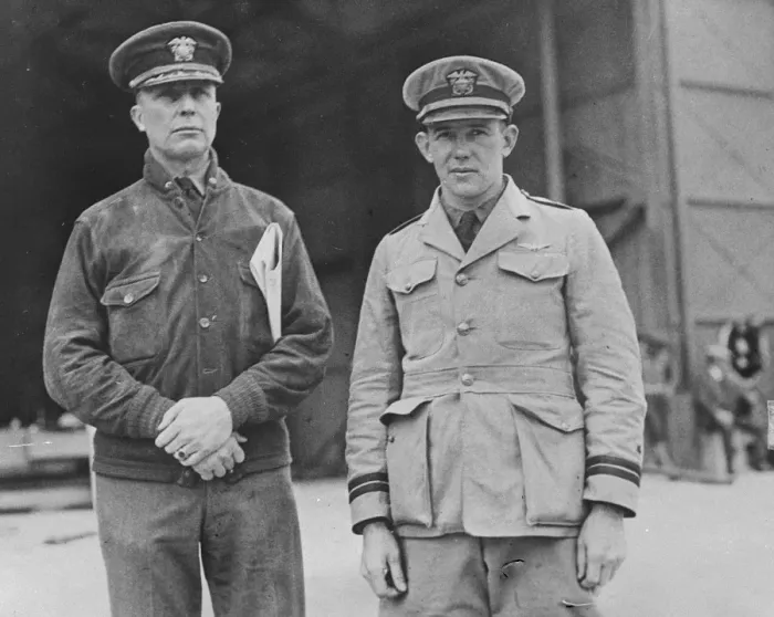 Framed Print : American seaplane found after missing 10 days. Commander Rogers ( on left ) Framed Print : American seaplane found after missing 10 days. Commander Rogers ( on left )