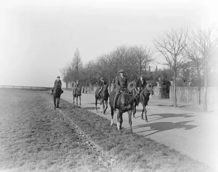 Framed Print : Americas boy leading Felix Leachs string of horses at Newmarket. 1924 Framed Print : Americas boy leading Felix Leachs string of horses at Newmarket. 1924