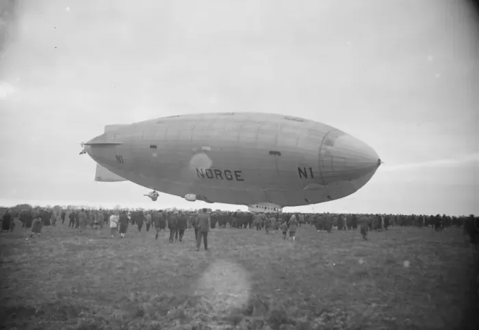 Framed Print : Amundsens airship Norge arrives at Pulham. The Norge in flight. 12 April 1926 Framed Print : Amundsens airship Norge arrives at Pulham. The Norge in flight. 12 April 1926