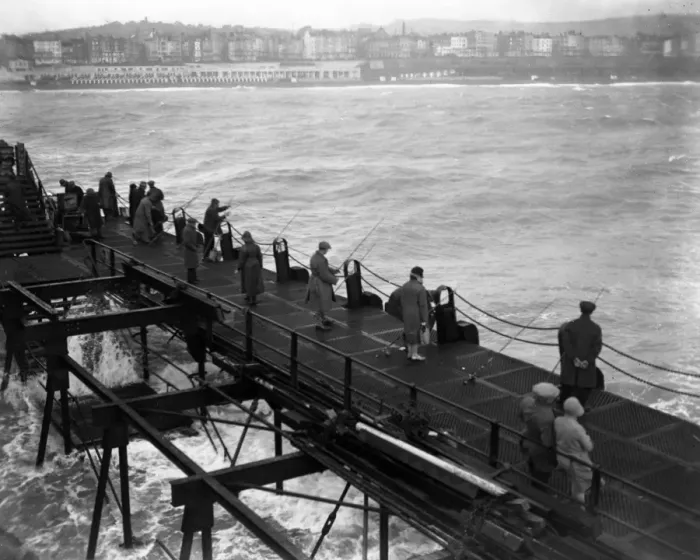 Framed Print : Anglers fishing off the West Pier, Brighton, Sussex. 6 October 1929 Framed Print : Anglers fishing off the West Pier, Brighton, Sussex. 6 October 1929