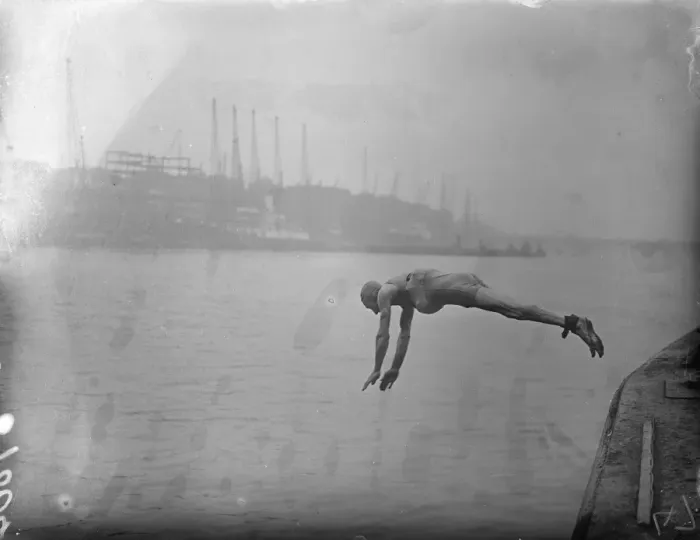 Framed Print : With his ankles strapped, Mr Frederick William Slade jumped into the Thames at Tower Framed Print : With his ankles strapped, Mr Frederick William Slade jumped into the Thames at Tower