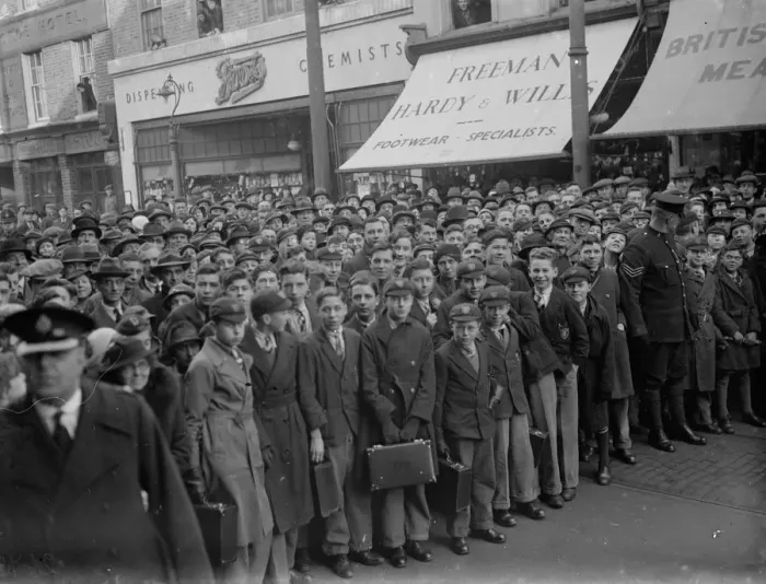 Framed Print : Announcing the new King in Dartford. A crowd of people including many schoolboys Framed Print : Announcing the new King in Dartford. A crowd of people including many schoolboys
