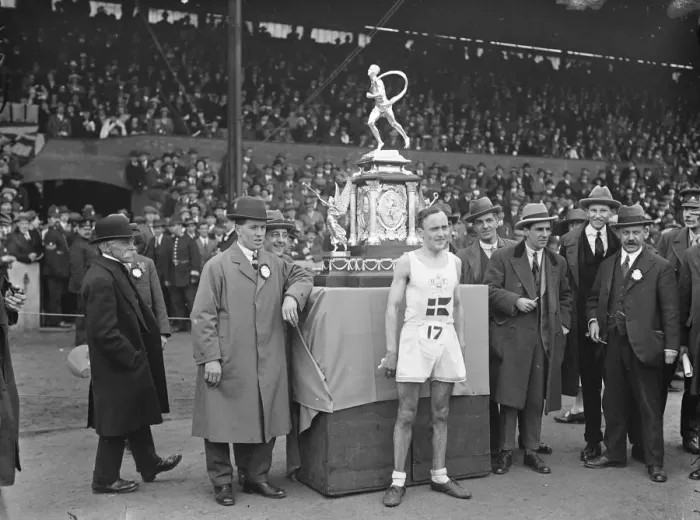 Framed Print : Annual marathon race from Windsor to Stamford Bridge. A G Jenson ( Denmark ) winner Framed Print : Annual marathon race from Windsor to Stamford Bridge. A G Jenson ( Denmark ) winner