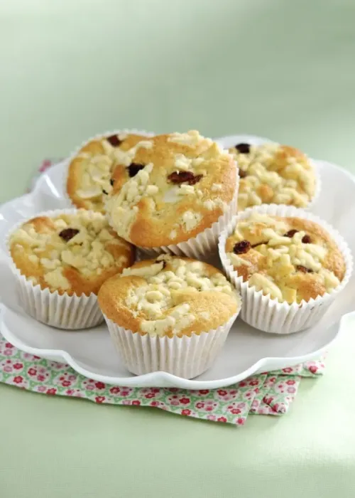 Framed Print : Apple struesel muffin in pile on white plate credit: Marie-Louise Avery  /  thePictureKitchen