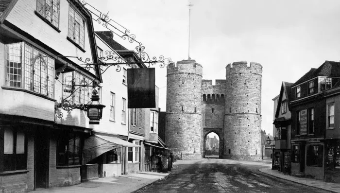 Framed Print : Archive - Canterbury - The West Gate showing on the left the old Fallstaff Hotel Framed Print : Archive - Canterbury - The West Gate showing on the left the old Fallstaff Hotel