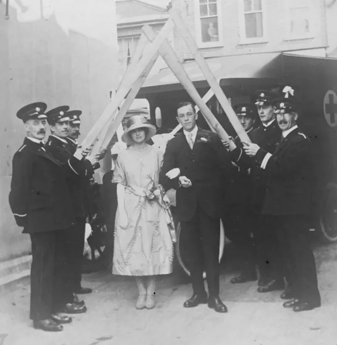 Framed Print : An Archway of Splints Mr W Norman of the Ambulance Section of Aldershot Volunteer Fire Brigade