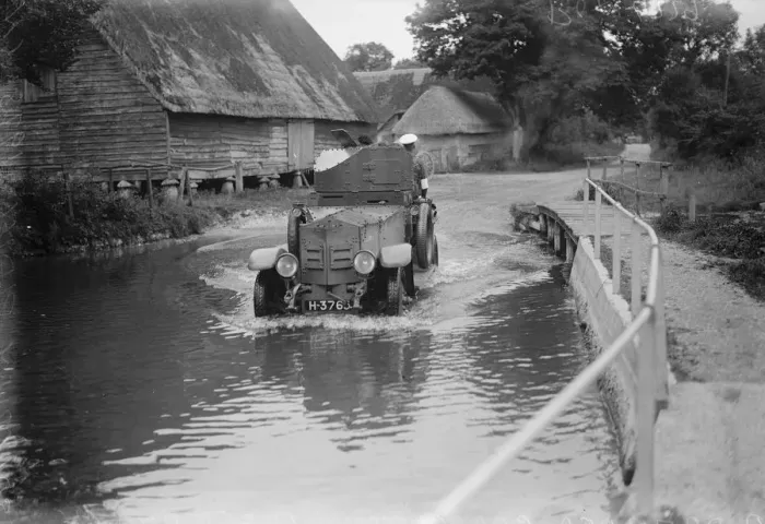 Framed Print : Armoured force operations on Salisbury plain. Armoured cars crossing a stream Framed Print : Armoured force operations on Salisbury plain. Armoured cars crossing a stream