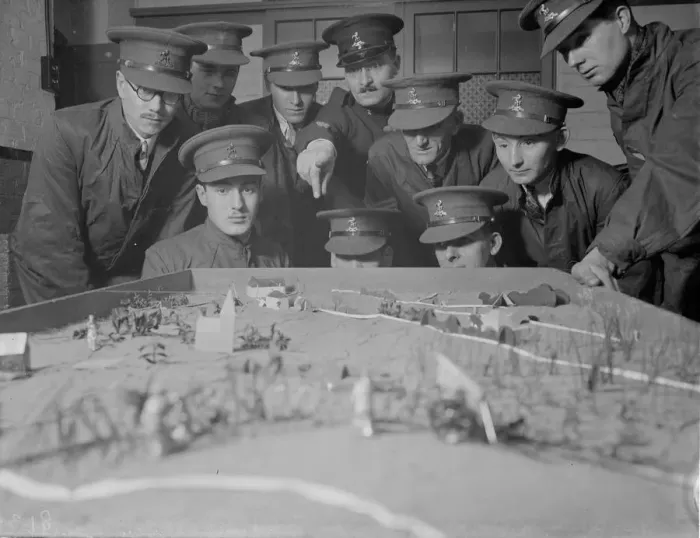 Framed Print : Army officers using a model of terrain for instruction on tactics at the Dartford Framed Print : Army officers using a model of terrain for instruction on tactics at the Dartford