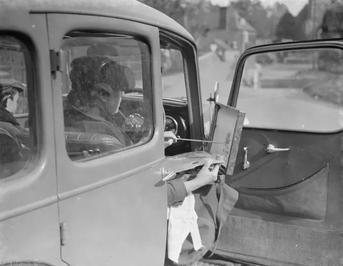 Framed Print : Artist painting at the wheel of his car in Eynsford, Kent. 1938 Framed Print : Artist painting at the wheel of his car in Eynsford, Kent. 1938