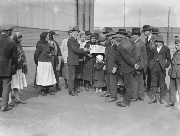 Framed Print : Atlantic Park, emigrant station at Southampton The manager giving instruction
