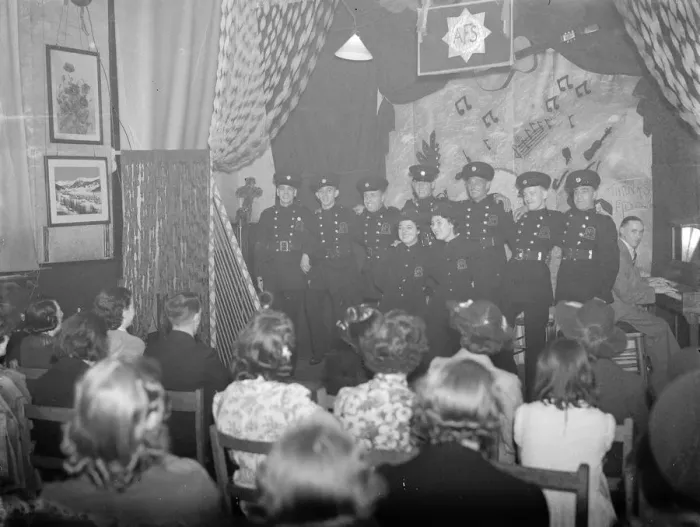 Framed Print : An Auxiliary Fire Service concert party in Dartford. Kent. The chorus of Framed Print : An Auxiliary Fire Service concert party in Dartford. Kent. The chorus of