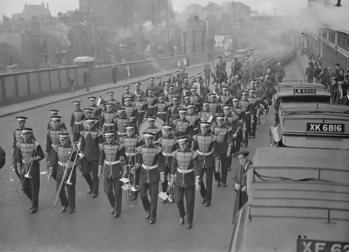 Framed Print : The band of the 2nd Cold Stream Guards at Waterloo, when the battalion entrained Framed Print : The band of the 2nd Cold Stream Guards at Waterloo, when the battalion entrained