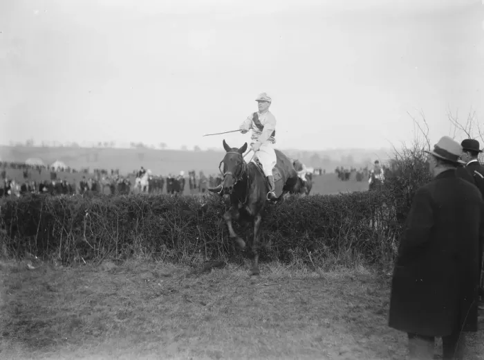 Framed Print : Bar point to point races at Northaw Sir Richard Cruise, taking a fence on his horse